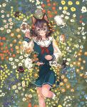  1girl :3 animal_ears aqua_serafuku aqua_skirt black_cat black_hair blue_eyes blue_flower calico cat cat_ears closed_mouth commentary_request field flower flower_field foot_out_of_frame from_above grass grey_cat hand_on_own_stomach highres holding_paw loafers long_sleeves looking_at_viewer lying medium_hair multiple_sources neckerchief oimo_imoo on_back orange_flower original outdoors purple_flower red_neckwear sailor_collar school_uniform semi-rimless_eyewear serafuku shoes skirt smile socks solo under-rim_eyewear undersized_animal wavy_hair white_cat white_flower white_legwear white_sailor_collar white_sleeves yellow_flower 