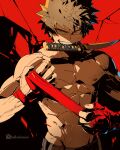 1boy abs artist_name bakugou_katsuki blonde_hair boku_no_hero_academia clonion commentary earrings english_commentary hand_wraps high_contrast highres jewelry looking_at_viewer male_focus mouth_hold muscular muscular_male nipples red_eyes sanpaku shirtless short_hair solo spiked_hair teeth teeth_hold upper_body watermark weapon_request 