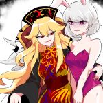  2girls angel_wings animal_ears bangs bare_shoulders belt blonde_hair braid breasts bright_pupils brown_belt chinese_clothes cleavage collarbone crescent eyebrows_visible_through_hair eyelashes fake_animal_ears french_braid hands highres junko_(touhou) kishin_sagume large_breasts long_hair long_sleeves mindoll multiple_girls one-hour_drawing_challenge phoenix_crown pink_eyes playboy_bunny rabbit_ears rabbit_tail red_eyes ribbon scared short_hair smug sweat sweating_profusely tail throne touhou trembling white_pupils wings yellow_neckwear yellow_ribbon 