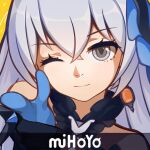  1girl bang_(gesture) bangs bare_shoulders black_gloves bronya_zaychik bronya_zaychik_(herrscher_of_reason) close-up closed_mouth company_name earrings finger_gun gloves grey_eyes grey_hair hair_between_eyes honkai_(series) honkai_impact_3rd index_finger_raised jewelry long_hair nalukikiki one_eye_closed parody pointing pointing_at_viewer portrait simple_background smile solo yellow_background 