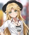  1girl bangs blonde_hair blush breasts collared_shirt dress_shirt fate/apocrypha fate_(series) green_eyes hat highres jewelry long_hair long_sleeves looking_at_viewer mordred_(fate) mordred_(fate/apocrypha) necklace parted_bangs shirt sidelocks small_breasts smile tonee white_shirt 