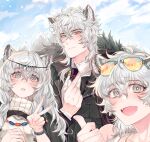  1boy 2girls animal_ears arknights asymmetrical_hair bead_necklace beads black_coat black_neckwear blue_sky cliffheart_(arknights) closed_mouth cloud coat earrings eyewear_on_head fangs finger_heart fur-trimmed_coat fur_trim grey_eyes head_chain highres jewelry leopard_boy leopard_ears leopard_girl light_smile looking_at_viewer mad_pingu medium_hair mountain multiple_girls necklace necktie open_mouth orange-tinted_eyewear parted_lips pramanix_(arknights) shirt silverash_(arknights) single_earring sky smile sunglasses symbol-only_commentary thumbs_up tinted_eyewear tongue turtleneck upper_body v watch white_hair white_shirt wristwatch 