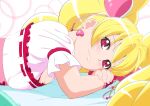  1girl :3 blonde_hair blush breasts cleavage closed_mouth cure_peach earrings eyebrows_visible_through_hair eyelashes fresh_precure! fuchi_(nightmare) hair_ornament heart heart_earrings heart_hair_ornament jewelry long_hair looking_at_viewer lying medium_breasts momozono_love on_stomach precure red_eyes shiny shiny_hair shiny_skin shirt short_sleeves smile solo upper_body white_shirt 