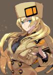  1girl ashiomi_masato blonde_hair blue_eyes breasts fingerless_gloves fur_hat gloves guilty_gear guilty_gear_strive hat long_hair looking_at_viewer millia_rage prehensile_hair simple_background solo very_long_hair 