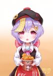  1girl :o absurdres alternate_costume bangs bucket carrying chicken_(food) coin_hair_ornament commentary_request cosplay food genshin_impact gradient gradient_background hair_between_eyes hat highres jiangshi kfc long_hair long_sleeves looking_at_viewer moe_shin_image_residue noelle_(genshin_impact) noelle_(genshin_impact)_(cosplay) official_alternate_costume ofuda purple_eyes purple_hair qiqi_(genshin_impact) sidelocks simple_background solo watermark 