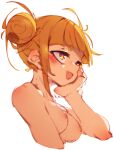  1girl :d bangs blonde_hair blunt_bangs blush boku_no_hero_academia breasts commentary completely_nude cropped_arms cropped_torso double_bun fang from_below hair_up highres looking_ahead medium_breasts messy_hair nipples nude open_mouth portrait rasusurasu sanpaku sidelocks simple_background skin_fang smile solo toga_himiko upper_body white_background yellow_eyes 
