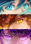  1girl 2boys blue_eyes blue_hair brown_hair ceri_obt column_lineup commentary electricity english_commentary eye_focus eyeliner genshin_impact highres looking_at_viewer makeup multiple_boys orange_eyes purple_eyes purple_hair raiden_shogun venti_(genshin_impact) wind zhongli_(genshin_impact) 