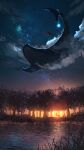  asaka_fuyutoshi cloud deer flying_whale forest highres nature night no_humans original scenery sky star_(sky) star_ornament starry_sky sunset water whale 