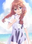  1girl bangs black_swimsuit blue_sky blush braid brown_hair cloud cloudy_sky collared_dress commentary_request day dress eyebrows_visible_through_hair hair_between_eyes hand_up head_tilt highres horizon long_hair looking_at_viewer low_twintails ocean old_school_swimsuit outdoors parted_lips princess_connect! purple_eyes school_swimsuit see-through short_sleeves sky solo swimsuit swimsuit_under_clothes twin_braids twintails uruc water white_dress yuni_(princess_connect!) 