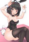  1girl =_= animal animal_ears arms_up ass bangs bare_shoulders black_bow black_hair black_leotard black_neckwear blush bow bowtie breasts brown_legwear chaostein cheese cleavage closed_eyes collar collarbone commentary_request covered_navel detached_collar eyebrows_visible_through_hair fake_animal_ears feet_out_of_frame food granblue_fantasy hair_ornament hairband hairclip highres knees_together_feet_apart leotard looking_at_viewer medium_breasts mouse open_mouth playboy_bunny rabbit_ears red_eyes red_hairband smile solo strapless strapless_leotard striped striped_bow tears thighhighs upper_teeth vikala_(granblue_fantasy) white_background white_collar wing_collar wrist_cuffs 