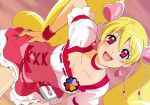  1girl :d bent_over blonde_hair blurry blurry_background blush breasts choker cleavage cloud cloudy_sky collarbone cure_peach earrings eyebrows_visible_through_hair eyelashes floating_hair fresh_precure! fuchi_(nightmare) hair_between_eyes hair_ornament hand_on_hip heart heart_earrings heart_hair_ornament jewelry layered_skirt long_hair looking_at_viewer medium_breasts miniskirt momozono_love open_mouth outdoors precure red_choker red_eyes red_skirt shiny shiny_hair shiny_skin shirt short_sleeves sketch skirt sky smile solo twintails two-tone_skirt underbust very_long_hair white_shirt white_skirt 