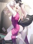  1girl animal_ear_fluff animal_ears arm_up ass bangs black_bow black_gloves black_leotard blush bow breasts coattails commentary_request eyebrows_visible_through_hair fate/grand_order fate_(series) fox_ears fox_girl fox_tail glasses gloves hair_between_eyes hair_bow indoors koyanskaya_(fate) leotard long_hair long_sleeves looking_at_viewer looking_to_the_side medium_breasts no_shoes pantyhose pink_hair puffy_long_sleeves puffy_sleeves ririko_(zhuoyandesailaer) smile soles solo stool tail tamamo_(fate) thick_eyebrows twintails white_legwear yellow_eyes 