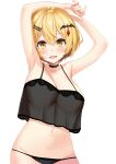 1girl alternate_costume armpits arms_up babydoll bat_hair_ornament black_camisole black_choker black_panties blonde_hair blush breasts camisole choker cleavage collarbone commentary cowboy_shot eyebrows_visible_through_hair fangs groin hair_between_eyes hair_ornament hairclip hololive kosuke_(bb) large_breasts looking_at_viewer navel open_mouth panties see-through see-through_silhouette short_hair simple_background skindentation smile solo stomach underwear underwear_only virtual_youtuber white_background yellow_eyes yozora_mel 