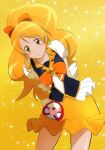  1girl arms_behind_back blonde_hair bow brown_eyes closed_mouth collarbone cowboy_shot cure_honey eyebrows_visible_through_hair fuchi_(nightmare) hair_bow happinesscharge_precure! high_ponytail leaning_to_the_side long_hair looking_at_viewer miniskirt oomori_yuuko orange_bow orange_neckwear precure shiny shiny_hair short_sleeves skirt smile solo standing very_long_hair yellow_background yellow_skirt 