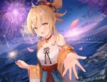  1girl bare_shoulders blonde_hair blush breasts casual cleavage english_text fireworks genshin_impact happy highres japanese_clothes kimono looking_at_viewer night night_sky open_clothes open_kimono open_mouth orange_eyes orange_kimono outstretched_arm reaching_out sky smile sparkler starlight_crystalz tattoo tied_hair yoimiya_(genshin_impact) 