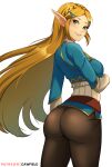  1girl ass blonde_hair blue_shirt blush braid breasts cawfield cowboy_shot elf from_behind green_eyes hair_ornament hairclip lips long_hair long_sleeves looking_at_viewer looking_back pants patreon_username pointy_ears princess_zelda shirt simple_background smile solo teeth the_legend_of_zelda the_legend_of_zelda:_breath_of_the_wild tight tight_pants very_long_hair white_background 
