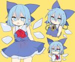  1girl 76gpo bangs blue_bow blue_dress blue_eyes blue_hair bow bright_pupils cirno closed_mouth dress flower hair_bow ice ice_wings looking_at_viewer multiple_views open_mouth red_neckwear short_hair simple_background sunflower touhou white_pupils wings yellow_background 