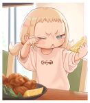  1girl :x blonde_hair blue_eyes border child closed_eyes commentary crying food fried_chicken fruit kozato_(yu_kozato) lemon low_twintails open_mouth original shirt short_twintails solo tearing_up twintails white_border white_shirt 