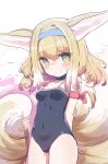  1girl animal_ear_fluff animal_ears arknights bangs bare_shoulders black_swimsuit blonde_hair blue_hairband blush breasts closed_mouth commentary_request covered_navel cowboy_shot eyebrows_visible_through_hair fox_ears fox_girl fox_tail green_eyes hair_between_eyes hairband highres innertube kyuubi looking_at_viewer multicolored_hair multiple_tails nalphanne small_breasts smile solo standing streaked_hair suzuran_(arknights) swimsuit tail white_background white_hair 