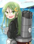  1girl adapted_turret black_serafuku blue_sky blurry cannon cloud commentary_request crescent crescent_hair_ornament day depth_of_field green_eyes green_hair hair_ornament highres horizon kantai_collection long_hair machinery mountain nagatsuki_(kancolle) ocean open_mouth outdoors po0000000000 round_teeth school_uniform serafuku sky smokestack solo teeth turret upper_body upper_teeth 