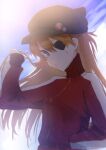  1girl backlighting black_eyepatch black_headwear blue_eyes blue_sky closed_mouth evangelion:_3.0_you_can_(not)_redo expressionless eyepatch hand_in_pocket hand_up hat highres jacket kota_soydog light_particles long_hair long_sleeves looking_at_viewer neon_genesis_evangelion one_eye_covered orange_hair outdoors rebuild_of_evangelion red_jacket sky sleeves_past_wrists solo souryuu_asuka_langley sunlight track_jacket upper_body 