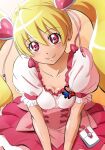  1girl blonde_hair blush breast_squeeze breasts cleavage closed_mouth collarbone cure_peach earrings eyebrows_visible_through_hair eyelashes floating_hair fresh_precure! fuchi_(nightmare) hair_between_eyes hair_ornament head_tilt heart heart_earrings heart_hair_ornament jewelry layered_skirt long_hair looking_at_viewer medium_breasts momozono_love multicolored multicolored_clothes multicolored_skirt pleated_skirt precure red_eyes red_skirt shiny shiny_hair shiny_skin shirt short_sleeves sketch skirt smile solo twintails underbust very_long_hair white_shirt 