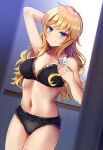 1girl arm_up bangs bare_arms bare_shoulders black_bra black_panties blonde_hair blue_eyes blush bra breasts cleavage closed_mouth collarbone commentary_request cowboy_shot eyebrows_visible_through_hair frills highres idolmaster idolmaster_cinderella_girls indoors light_particles long_hair looking_at_viewer medium_breasts navel ohtsuki_yui panties smile solo standing stomach underwear underwear_only z.nov 