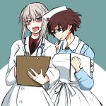  2girls akaboshi_koume blush breast_press brown_hair clipboard commission doctor embarrassed girls_und_panzer grey_hair hat itsumi_erika long_hair multiple_girls noumen nurse nurse_cap open_mouth short_hair skeb_commission stethoscope 