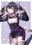  1girl absurdres adapted_costume ahoge arms_up black_hair border dress fire_emblem fire_emblem_awakening fire_emblem_heroes highres hood looking_at_viewer morgan_(fire_emblem) morgan_(fire_emblem)_(female) official_alternate_costume one_eye_closed purple_eyes reia_hana short_dress short_hair simple_background smile solo star_(symbol) thighhighs v white_border zettai_ryouiki 