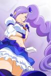  1girl :3 aono_miki bangs blue_eyes blue_legwear blue_skirt blush closed_mouth cowboy_shot crop_top cure_berry earrings finger_to_mouth floating_hair fresh_precure! from_below fuchi_(nightmare) gradient gradient_background hair_ornament heart heart_earrings heart_hair_ornament index_finger_raised jewelry layered_skirt long_hair midriff miniskirt navel parted_bangs precure purple_background purple_hair shiny shiny_hair side_ponytail sketch skirt smile solo standing stomach thighhighs very_long_hair white_skirt 