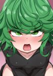  1girl absurdres begging black_dress blush collarbone curly_hair dot_nose dress eyebrows_visible_through_hair gradient gradient_background green_eyes green_hair highres looking_at_viewer one-punch_man open_mouth oral_invitation pink_background rokita seiza shiny shiny_hair side_slit sitting solo sweatdrop tatsumaki thighs tongue 