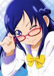  1girl ;) blue_eyes blue_hair blush closed_mouth collarbone dokidoki!_precure fuchi_(nightmare) glasses hishikawa_rikka long_hair looking_at_viewer looking_over_eyewear one_eye_closed oogai_daiichi_middle_school_uniform precure purple_sailor_collar red-framed_eyewear sailor_collar sailor_shirt school_uniform shiny shiny_hair shirt smile solo upper_body white_shirt yellow_neckwear 