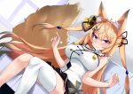  1girl ahoge animal_ear_fluff animal_ears axel-v ball black_skirt blonde_hair blush breasts china_dress chinese_clothes cleavage closed_mouth commentary couch dress dutch_angle eyebrows_visible_through_hair feet_out_of_frame flower_knot fox_ears fox_tail hair_between_eyes hair_ornament hair_ribbon hairclip holding indoors kosuke_(bb) kurune_kokuri large_breasts large_tail long_hair looking_at_viewer mimikaki miniskirt pleated_skirt purple_eyes ribbon short_dress single_thighhigh sitting skirt sleeveless sleeveless_dress smile solo tail tassel taut_clothes taut_dress temari_ball thighhighs thighs two_side_up very_long_hair white_dress white_legwear window 