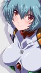  1girl arms_behind_back ayanami_rei blue_hair blush bodysuit breasts eyebrows_visible_through_hair fujitaka_nasu hair_between_eyes hairpods highres interface_headset looking_at_viewer neon_genesis_evangelion pilot_suit plugsuit red_eyes shadow short_hair simple_background skin_tight smile solo upper_body white_background white_bodysuit 