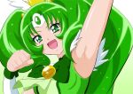  1girl :d arm_up armpits circlet cure_march detached_sleeves eyebrows_visible_through_hair eyelashes fuchi_(nightmare) gradient gradient_background green_background green_eyes green_hair green_neckwear green_vest hair_between_eyes hair_intakes long_hair looking_at_viewer midorikawa_nao open_mouth precure shiny shiny_hair shiny_skin smile smile_precure! solo tied_hair upper_body very_long_hair vest white_background white_sleeves 