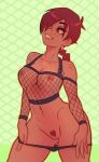  1girl aubrey_(neal_d._anderson) fishnets freckles hair_over_one_eye highres navel neal_d._anderson original panties panty_pull ponytail pubic_hair red_hair smile solo_focus underwear 