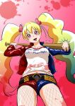  1girl :d asymmetrical_clothes bangs baseball_bat belt blonde_hair blood blood_splatter blue_jacket blue_shorts blush breasts collarbone cosplay cowboy_shot dc_comics fishnet_legwear fishnets floating_hair fresh_precure! from_below fuchi_(nightmare) gradient gradient_background gradient_hair hair_between_eyes hair_ornament harley_quinn harley_quinn_(cosplay) heart heart_hair_ornament holding jacket long_hair looking_at_viewer looking_down medium_breasts momozono_love multicolored multicolored_clothes multicolored_hair multicolored_jacket open_clothes open_jacket open_mouth pink_background precure print_shirt red_eyes red_jacket red_shorts shirt short_shorts shorts sketch smile solo standing suicide_squad tongue tongue_out two-tone_jacket two-tone_shorts very_long_hair white_shirt 