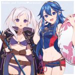  2girls bikini bitikara blue_eyes blue_hair blush breasts brown_eyes cape cleavage fingerless_gloves fire_emblem fire_emblem_awakening fire_emblem_heroes gloves hair_between_eyes hood long_hair looking_at_viewer lucina_(fire_emblem) multiple_girls navel open_mouth polearm robe robin_(fire_emblem) robin_(fire_emblem)_(female) simple_background smile spear super_smash_bros. swimsuit tiara twintails weapon white_hair 