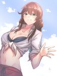  1girl bikini bikini_under_clothes black_bikini blue_sky breasts brown_hair cleavage cloud collarbone commentary_request day green_eyes hair_between_eyes highres kantai_collection knt02142769 light_blush looking_at_viewer midriff navel noshiro_(kancolle) outdoors red_shorts shirt shorts sky solo swimsuit tied_shirt waving white_shirt 