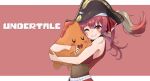  1girl absurdres grin hat highres hololive houshou_marine hug midoku_(itijikusakura) one_eye_closed orange_eyes pirate_hat red_hair sleeveless smile solo twintails undertale upper_body vulkin 