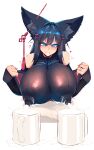  1girl animal_ear_fluff animal_ears black_hair blue_eyes breasts covered_nipples cup drinking_glass ear_piercing fox_ears fox_girl hair_ornament hairclip highres huge_breasts japanese_clothes jewelry kiri_(sub-res) lactation lactation_through_clothes notched_ear original piercing ring sidelocks solo sub-res upper_body wedding_band 