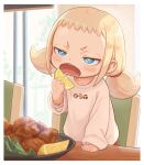  1girl blonde_hair blue_eyes border child commentary food fried_chicken fruit kozato_(yu_kozato) lemon long_sleeves low_twintails open_mouth original shirt short_twintails solo twintails white_border white_shirt 