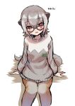  1girl blush brown_legwear commentary_request eyebrows_visible_through_hair from_above glasses grey_hair grey_legwear grey_sweater japari_symbol kemono_friends long_sleeves looking_at_viewer meerkat_(kemono_friends) meerkat_ears meerkat_tail mitorizu_02 multicolored_hair open_mouth pantyhose red_eyes short_hair sitting smile solo sweater translation_request two-tone_hair two-tone_legwear two-tone_sweater 