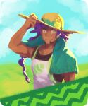  1boy alternate_costume apron bangs bright_pupils brown_shirt closed_mouth commentary dark-skinned_male dark_skin english_commentary facial_hair go-lurk green_towel hand_on_headwear hat league_card leon_(pokemon) long_hair male_focus pokemon pokemon_(game) pokemon_swsh ponytail purple_hair shirt sleeveless sleeveless_shirt smile solo towel towel_around_neck upper_body white_apron white_pupils yellow_eyes 