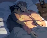  2boys bedroom black_hair blanket closed_eyes couple gyakuten_saiban head_on_pillow highres husband_and_husband jewelry lying mitsurugi_reiji multiple_boys naruhodou_ryuuichi on_bed on_side ring shirt short_hair sleeping under_covers wedding_ring white_hair worvies yaoi 