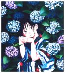  1girl absurdres bangs black_eyes black_hair blue_flower blush border colored_pencil_(medium) commentary_request floral_print flower fuyuno_kamome head_rest highres hydrangea japanese_clothes kimono leaf looking_at_viewer original own_hands_together parted_lips plant purple_flower short_sleeves solo squatting traditional_media white_border 