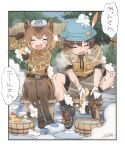  1boy 1girl animal_ears bangs bath_stool bathing belt border bow bowtie breast_pocket brown_hair captain_(kemono_friends) capybara_(kemono_friends) closed_eyes commentary_request day eyebrows_visible_through_hair fanta_(the_banana_pistols) full_body gloves hair_between_eyes hat hat_feather highres holding holding_sponge japari_symbol kemono_friends kemono_friends_3 leaning_forward legwear_under_shorts long_sleeves medium_hair open_mouth outdoors pantyhose pocket shirt shoes short_sleeves shorts side-by-side sitting smile soap soap_bottle soap_bubbles sponge stool suspenders towel towel_on_head washing wet wet_clothes wet_shirt wet_shorts yellow_sponge you&#039;re_doing_it_wrong 