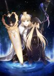  2girls absurdres ahoge artoria_pendragon_(caster)_(fate) artoria_pendragon_(fate) blonde_hair blue_ribbon crown dual_persona facial_mark fate_(series) forehead_mark green_eyes highres marmyadose_(fate) multiple_girls ribbon yamanoudumi 