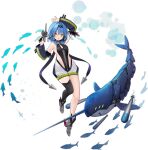  1girl arm_behind_head azur_lane black_legwear black_swimsuit blue_hair breasts detached_sleeves expressions gun highres holding holding_gun holding_weapon mechanical_animal medium_hair narwhal nautilus_(azur_lane) official_art one-piece_swimsuit rudder_footwear single_thighhigh skin_tight small_breasts solo suisai swimsuit thighhighs transparent_background underwater weapon yellow_eyes 