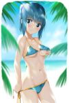  1girl :| aroused bangs beach bikini blue_bikini blue_eyes blue_hair blurry blurry_background blurry_foreground blush breasts closed_mouth cloud collarbone commentary covered_nipples cowboy_shot day depth_of_field eyebrows_visible_through_hair groin hair_tie halterneck hand_under_clothes hand_under_swimsuit high_ponytail highres kuchinawa_(skyks) lifted_by_self looking_back medium_breasts navel nervous ocean original outdoors palm_leaf ponytail pulled_by_self side-tie_bikini sidelocks sky solo standing string_bikini sweat swimsuit tree underboob wavy_mouth 